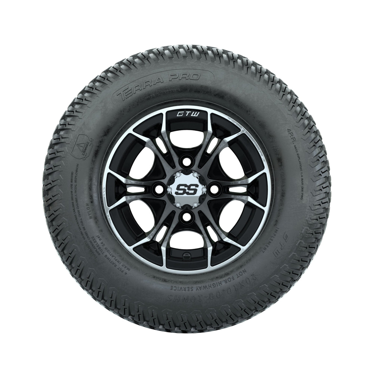 GTW Spyder Machined/Black 10 in Wheels with 20x10-10 Terra Pro S-Tread Traction Tires Full Set