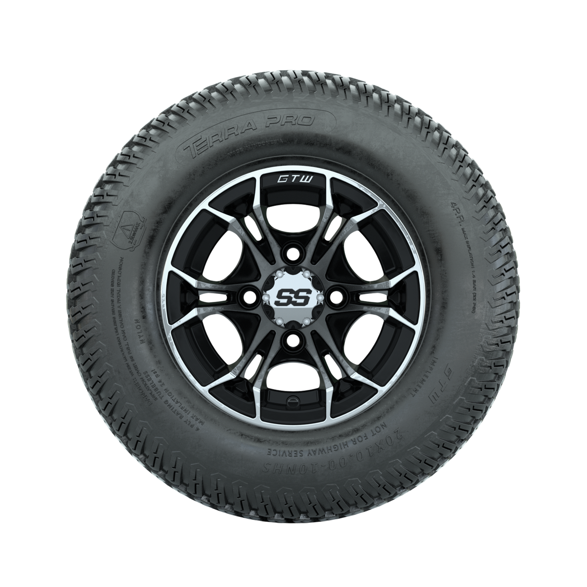 GTW Spyder Machined/Black 10 in Wheels with 20x10-10 Terra Pro S-Tread Traction Tires Full Set