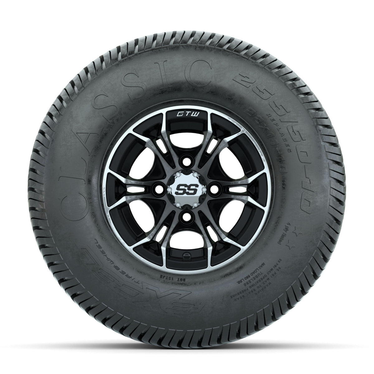GTW Spyder Machined/Black 10 in Wheels with 22x11-10 Excel Classic Street Tires Full Set
