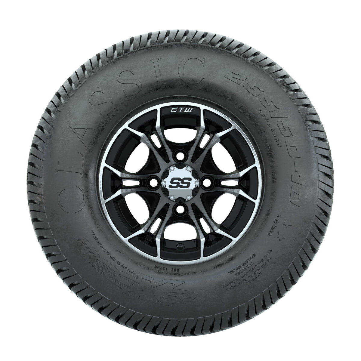 GTW Spyder Machined/Black 10 in Wheels with 22x11-10 Excel Classic Street Tires Full Set