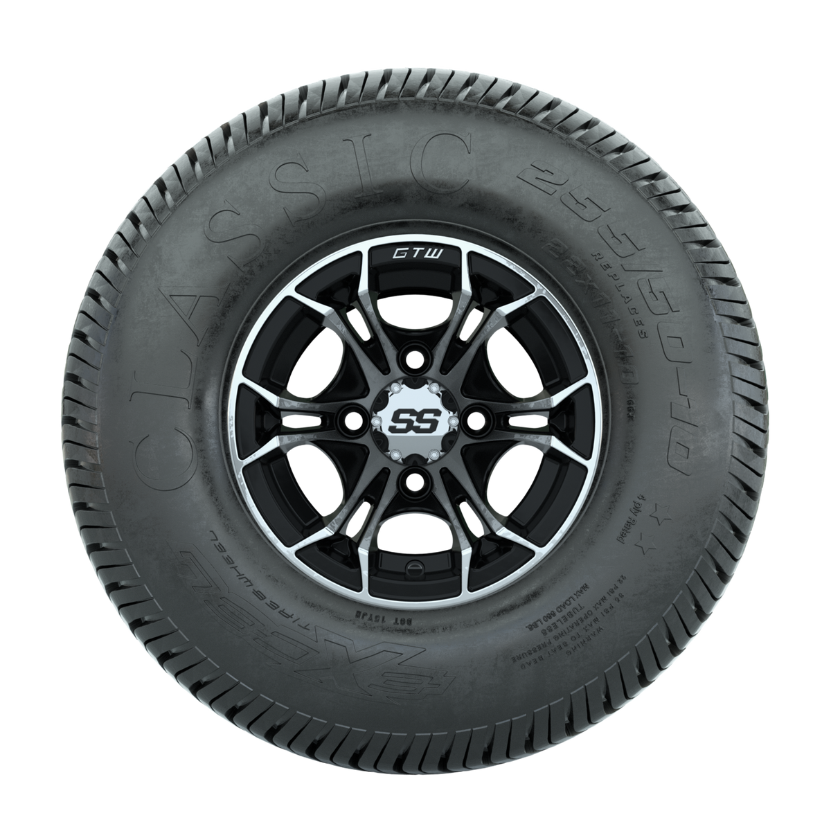 GTW Spyder Machined/Black 10 in Wheels with 22x11-10 Excel Classic Street Tires Full Set