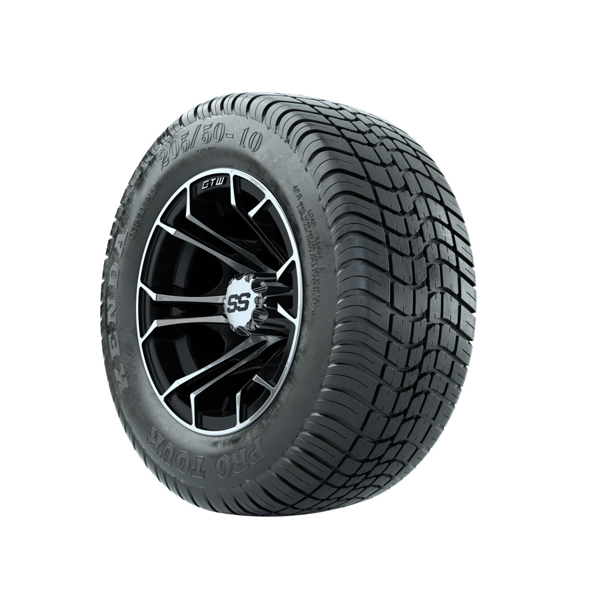 GTW Spyder Machined/Black 10 in Wheels with 205/50-10 Kenda Pro Tour Low-profile Tires Full Set