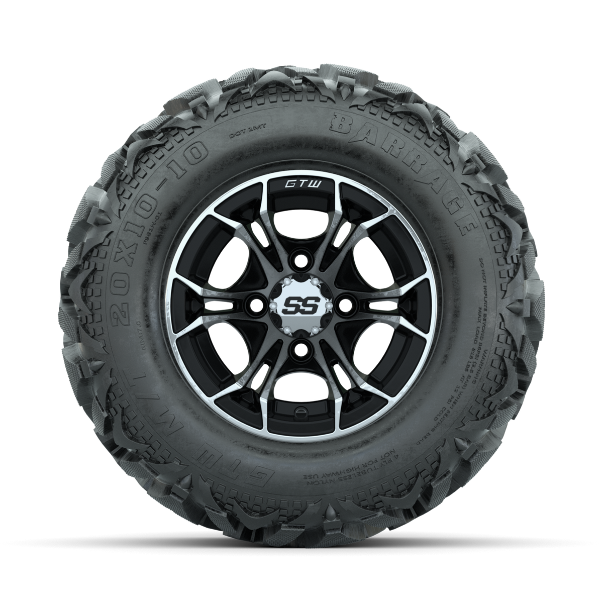 GTW Spyder Machined/Black 10 in Wheels with 20x10-10 Barrage Mud Tires Full Set