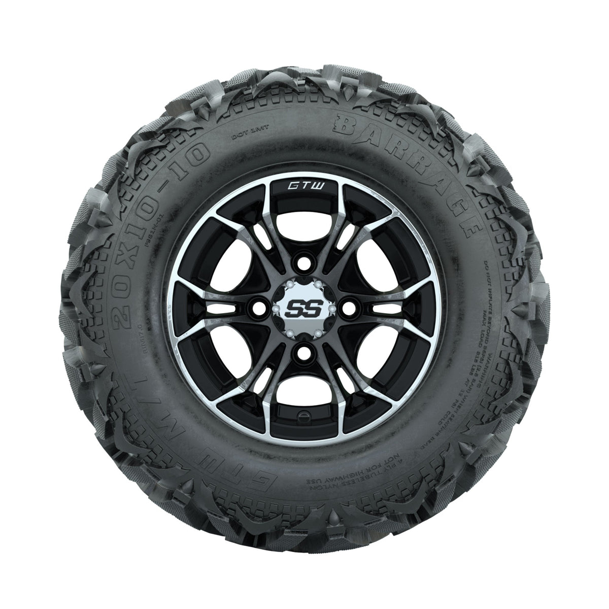 GTW Spyder Machined/Black 10 in Wheels with 20x10-10 Barrage Mud Tires Full Set