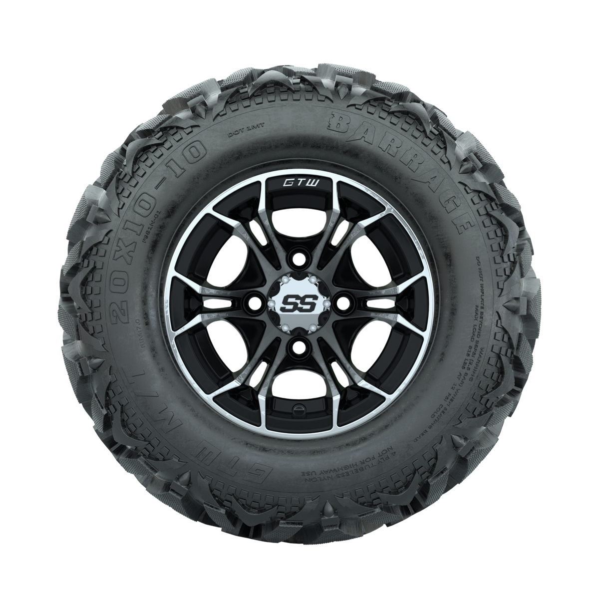 GTW Spyder Machined/Black 10 in Wheels with 20x10-10 Barrage Mud Tires Full Set