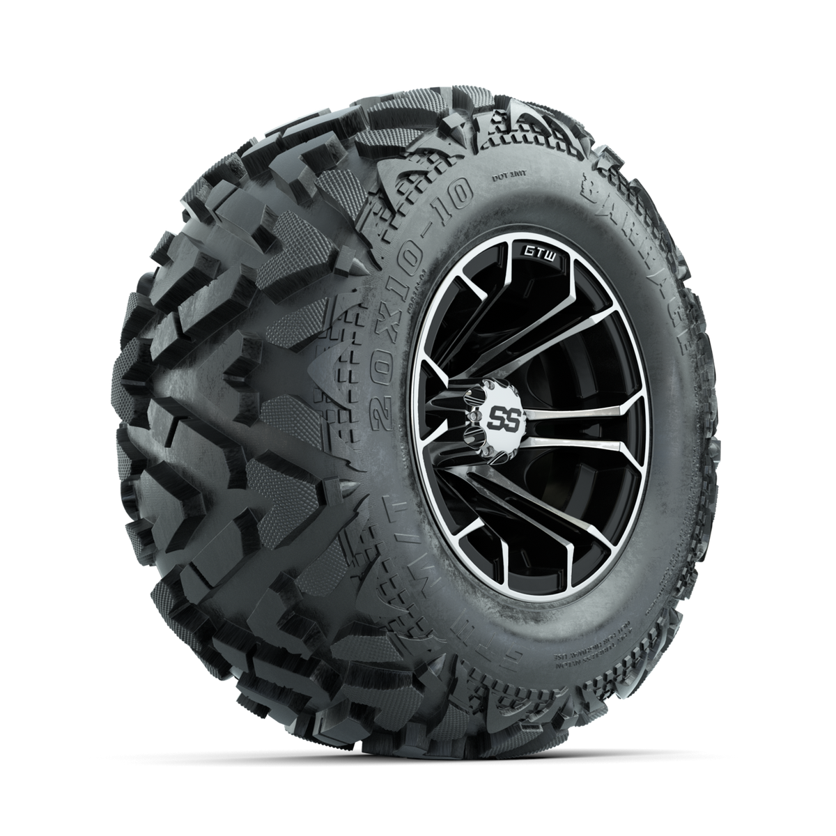GTW Spyder Machined/Black 10 in Wheels with 20x10-10 Barrage Mud Tires Full Set