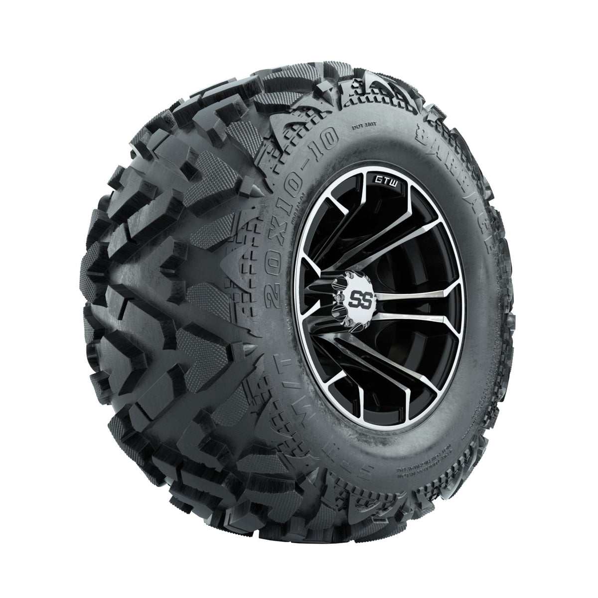 GTW Spyder Machined/Black 10 in Wheels with 20x10-10 Barrage Mud Tires Full Set