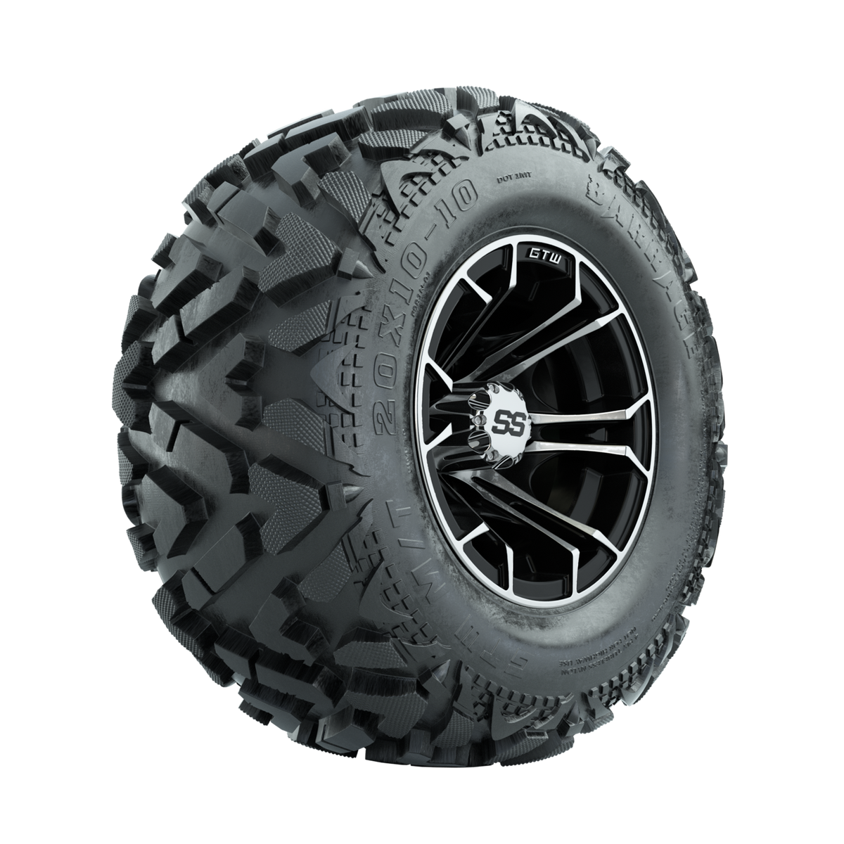 GTW Spyder Machined/Black 10 in Wheels with 20x10-10 Barrage Mud Tires Full Set