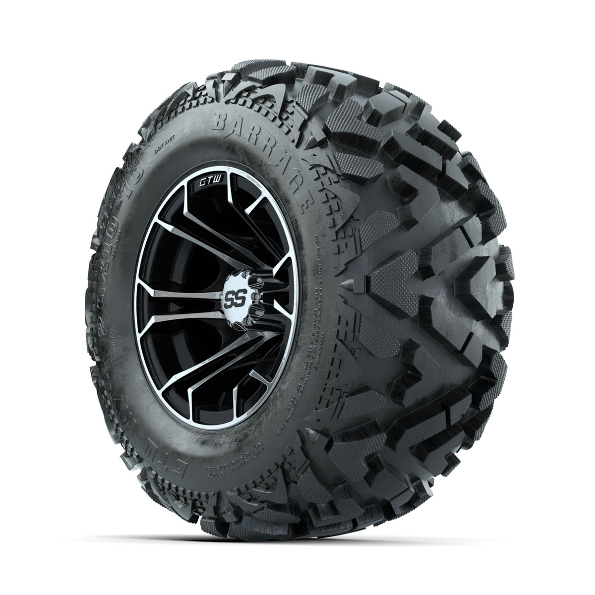 GTW Spyder Machined/Black 10 in Wheels with 20x10-10 Barrage Mud Tires Full Set