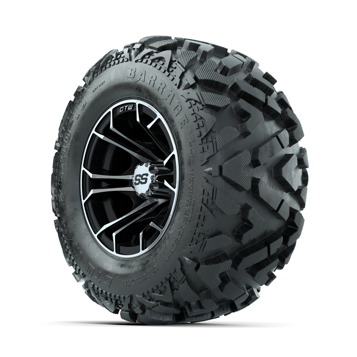 GTW Spyder Machined/Black 10 in Wheels with 20x10-10 Barrage Mud Tires Full Set
