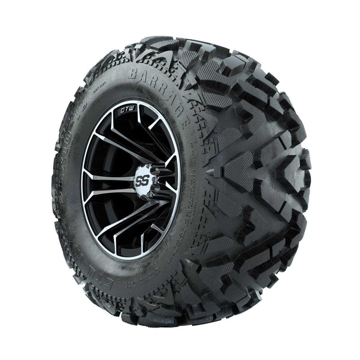 GTW Spyder Machined/Black 10 in Wheels with 20x10-10 Barrage Mud Tires Full Set