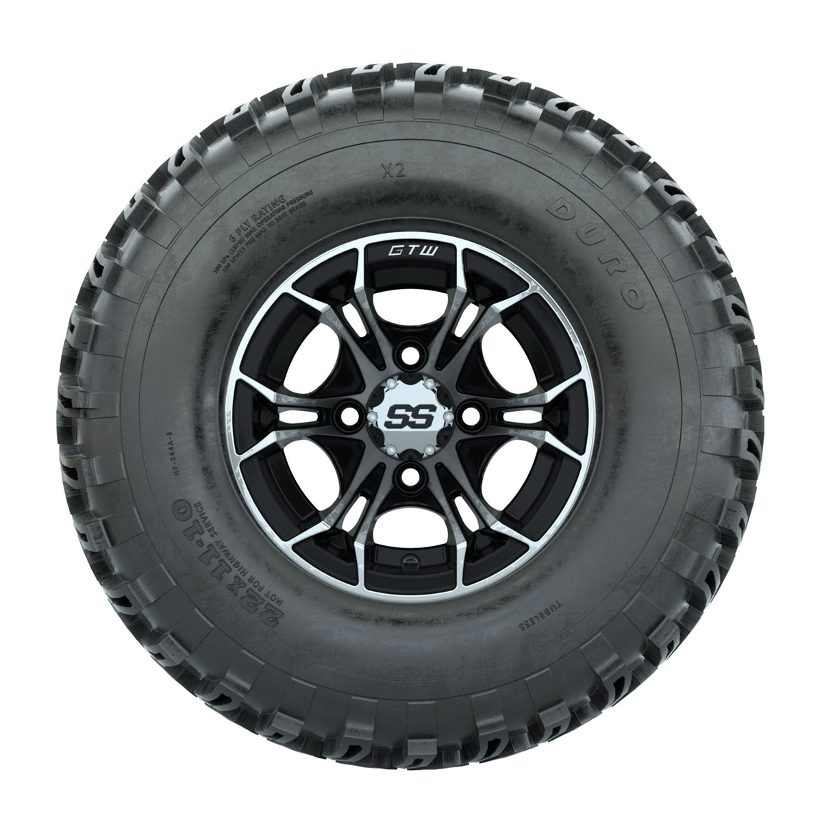 GTW Spyder Machined/Black 10 in Wheels with 22x11-10 Duro Desert All Terrain Tires Full Set