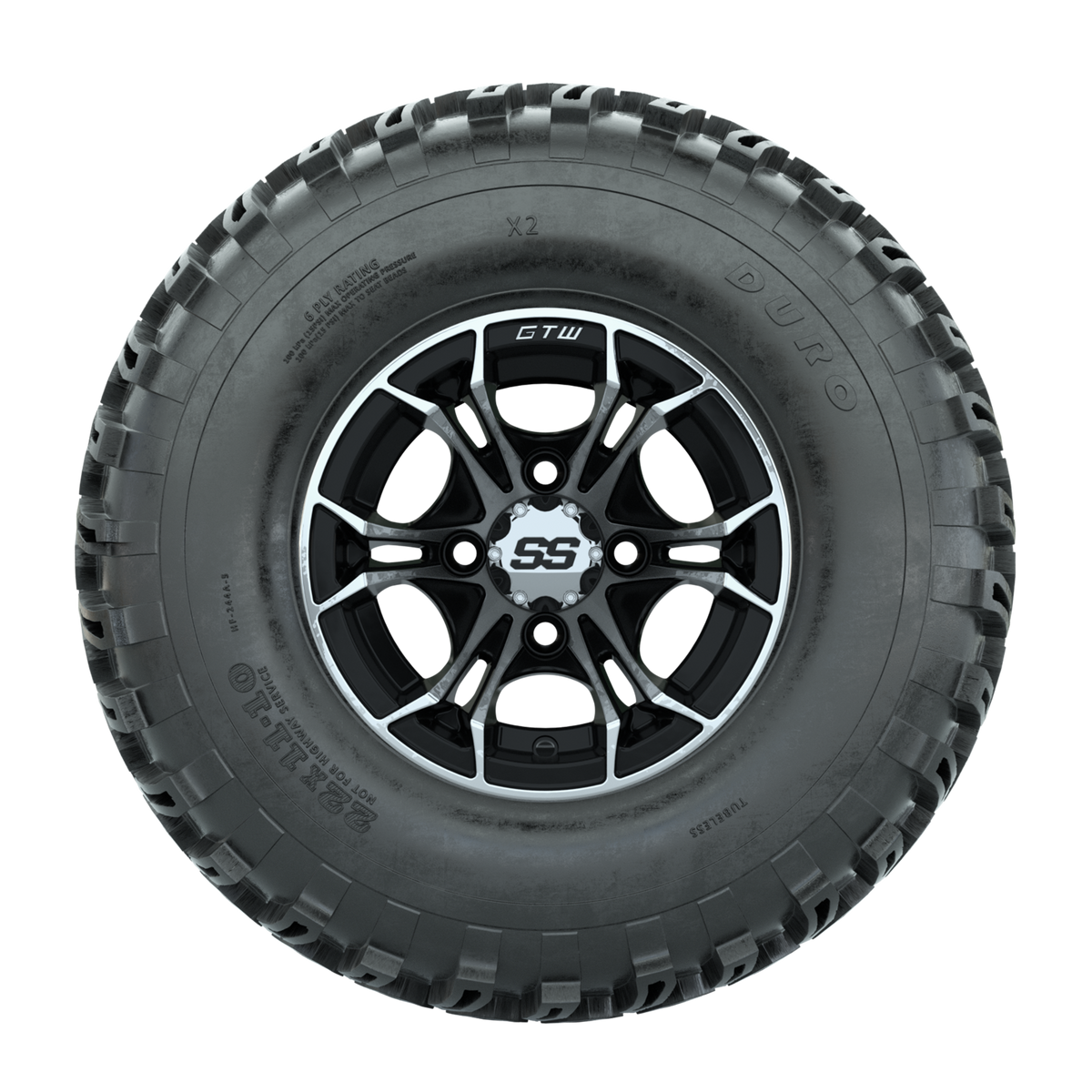 GTW Spyder Machined/Black 10 in Wheels with 22x11-10 Duro Desert All Terrain Tires Full Set