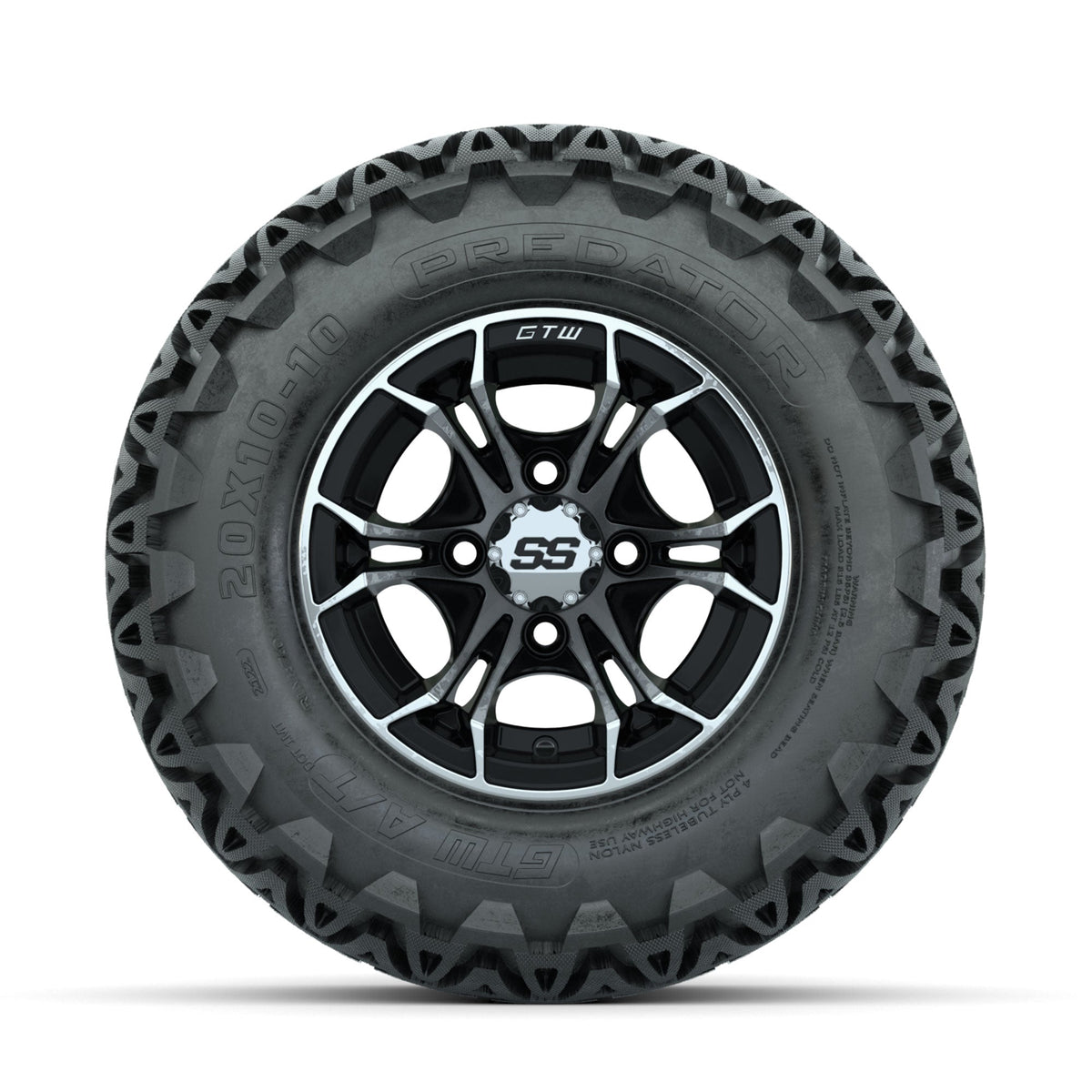 GTW Spyder Machined/Black 10 in Wheels with 20x10-10 Predator All Terrain Tires Full Set