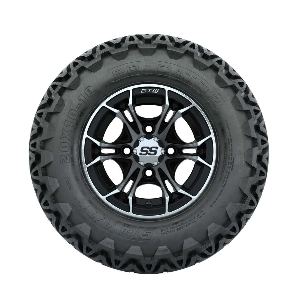 GTW Spyder Machined/Black 10 in Wheels with 20x10-10 Predator All Terrain Tires Full Set