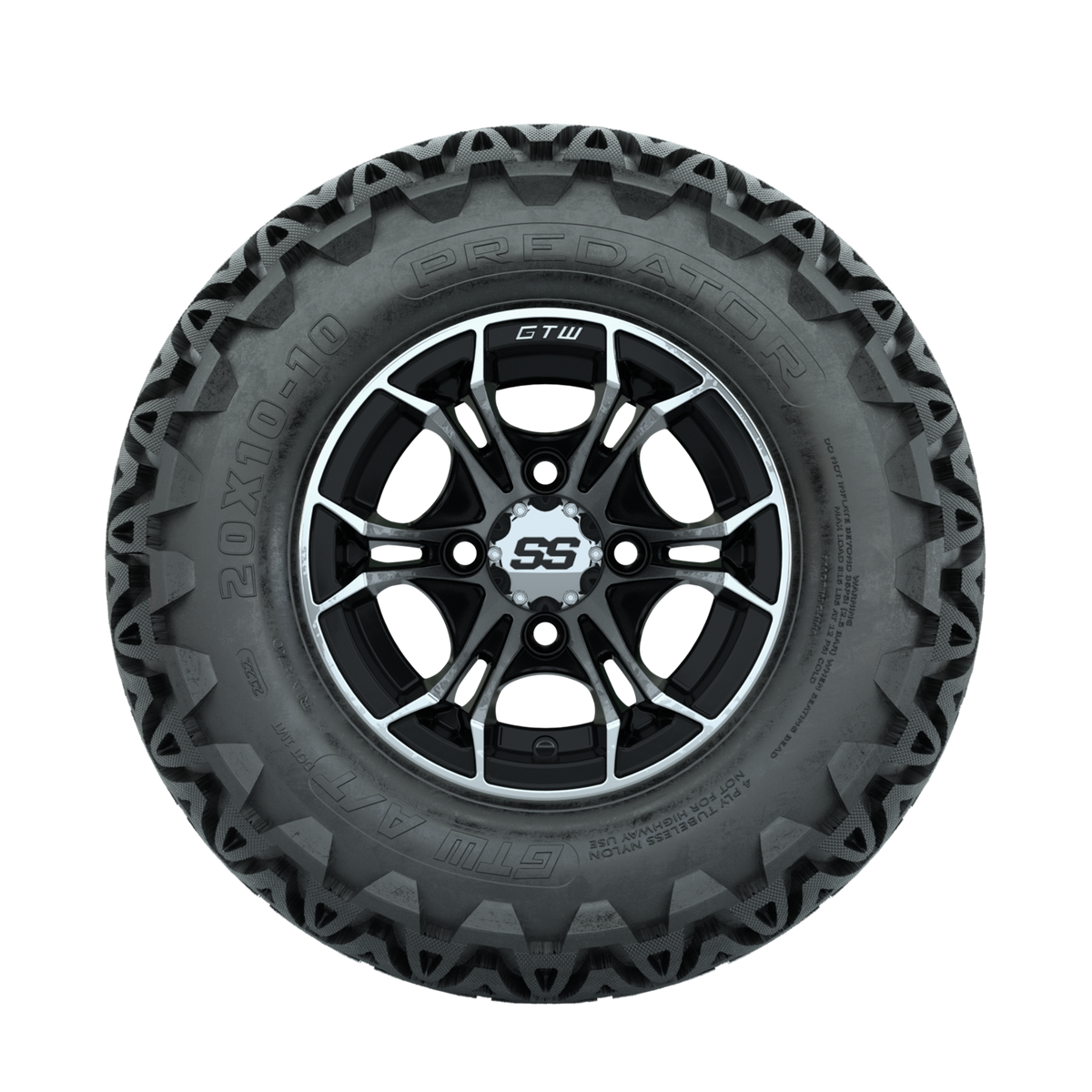 GTW Spyder Machined/Black 10 in Wheels with 20x10-10 Predator All Terrain Tires Full Set