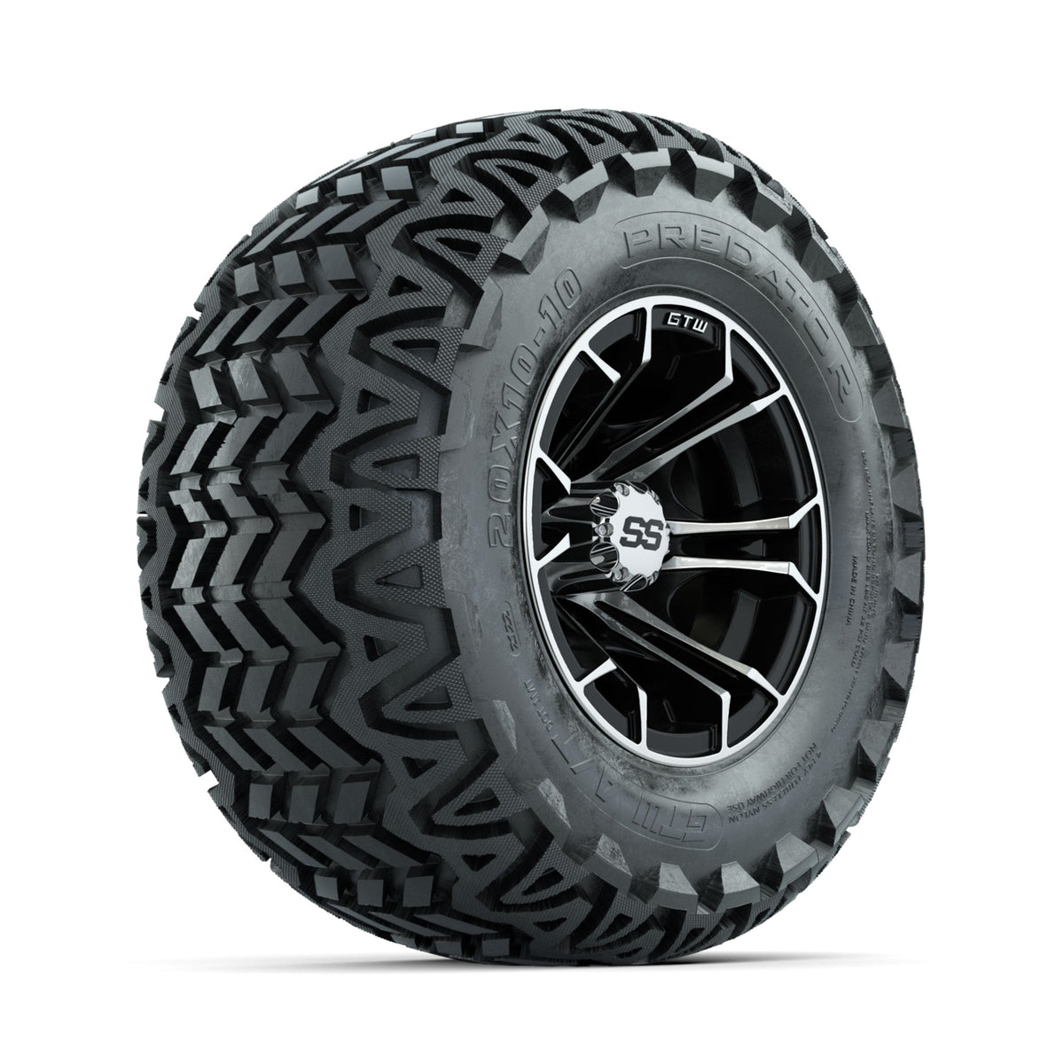 GTW Spyder Machined/Black 10 in Wheels with 20x10-10 Predator All Terrain Tires Full Set