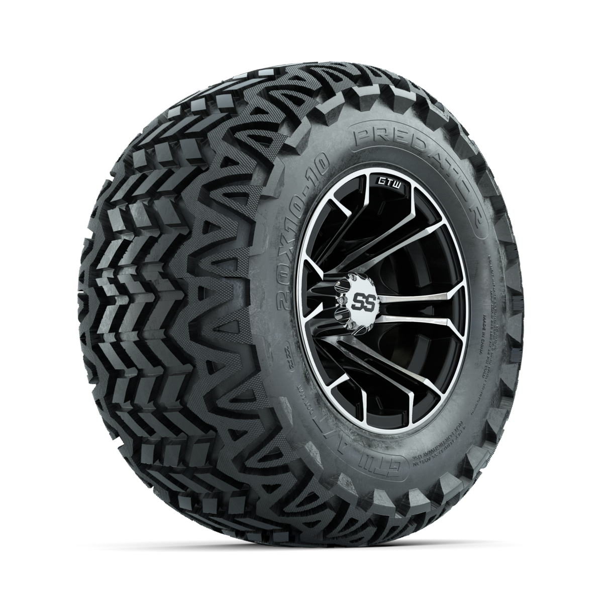 GTW Spyder Machined/Black 10 in Wheels with 20x10-10 Predator All Terrain Tires Full Set