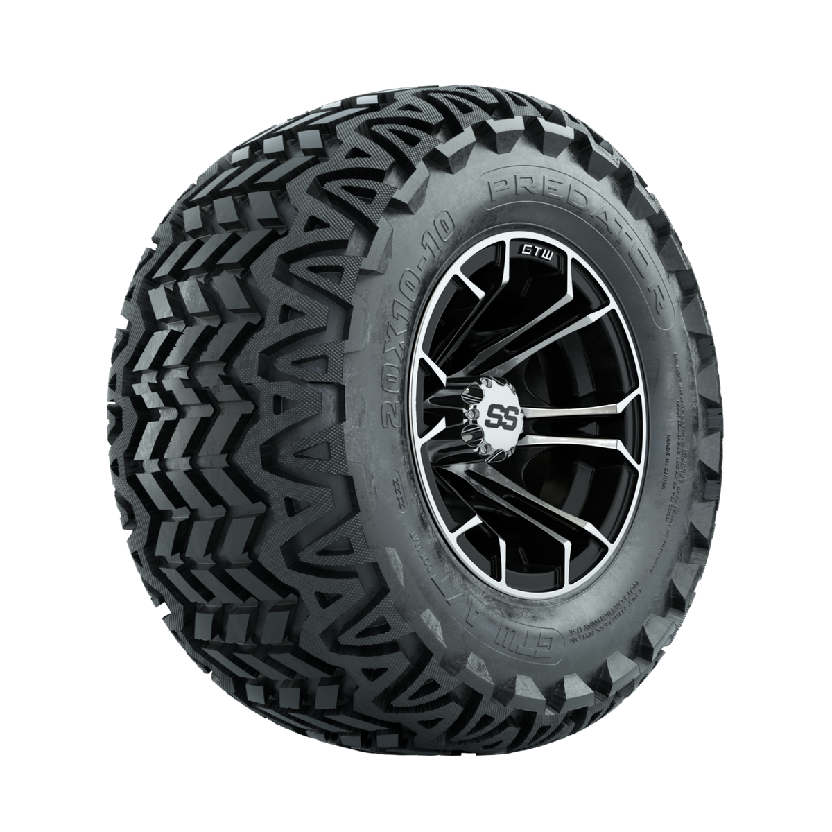 GTW Spyder Machined/Black 10 in Wheels with 20x10-10 Predator All Terrain Tires Full Set
