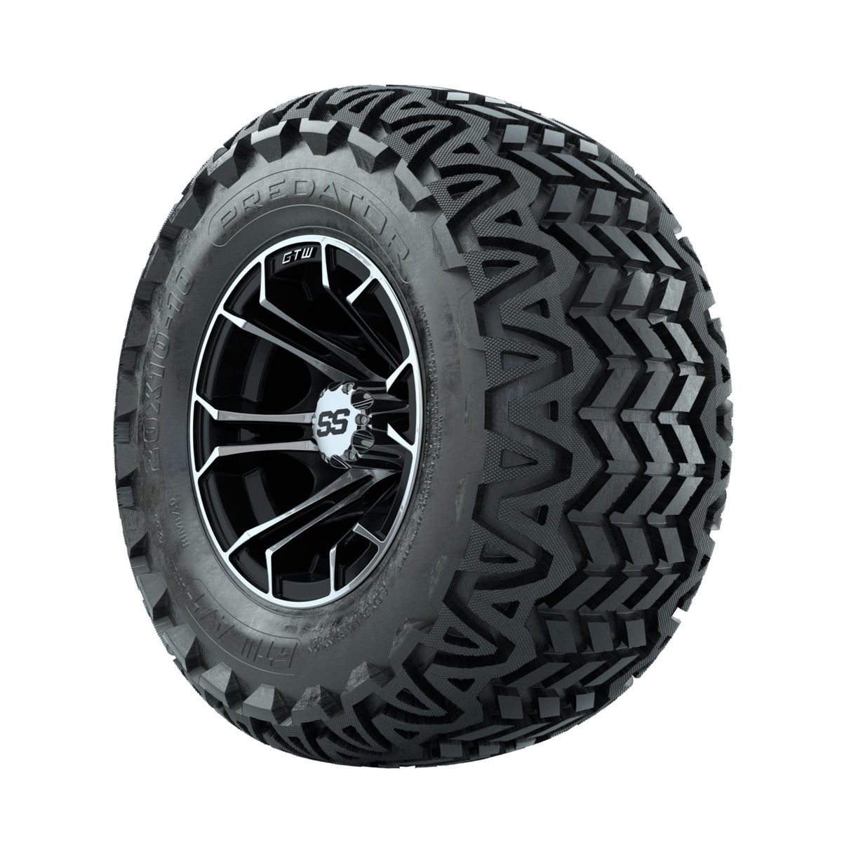 GTW Spyder Machined/Black 10 in Wheels with 20x10-10 Predator All Terrain Tires Full Set