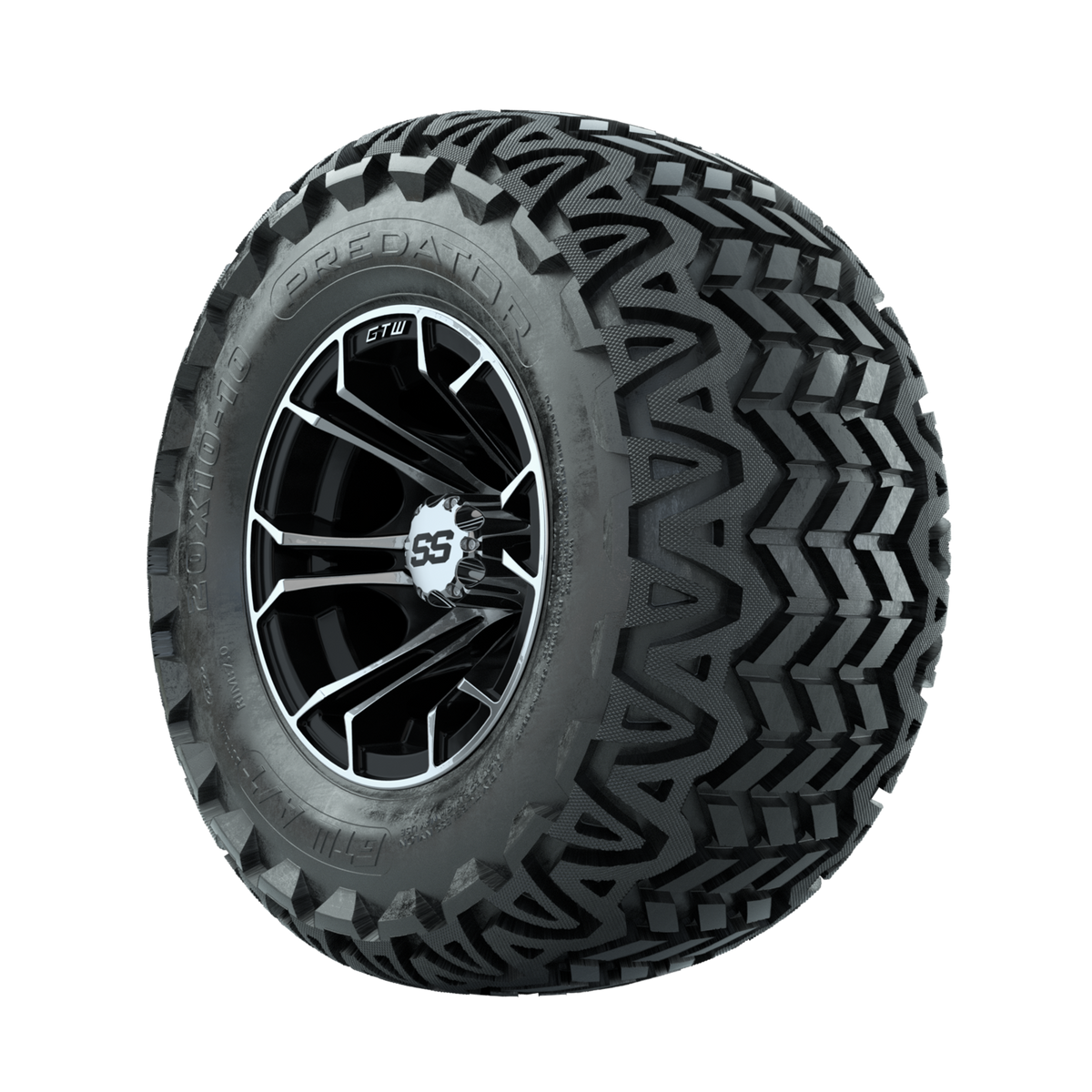 GTW Spyder Machined/Black 10 in Wheels with 20x10-10 Predator All Terrain Tires Full Set