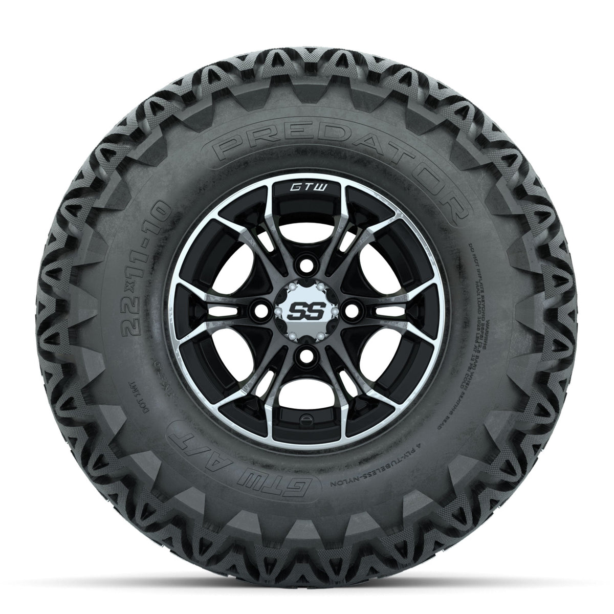 GTW Spyder Machined/Black 10 in Wheels with 22x11-10 Predator All Terrain Tires Full Set