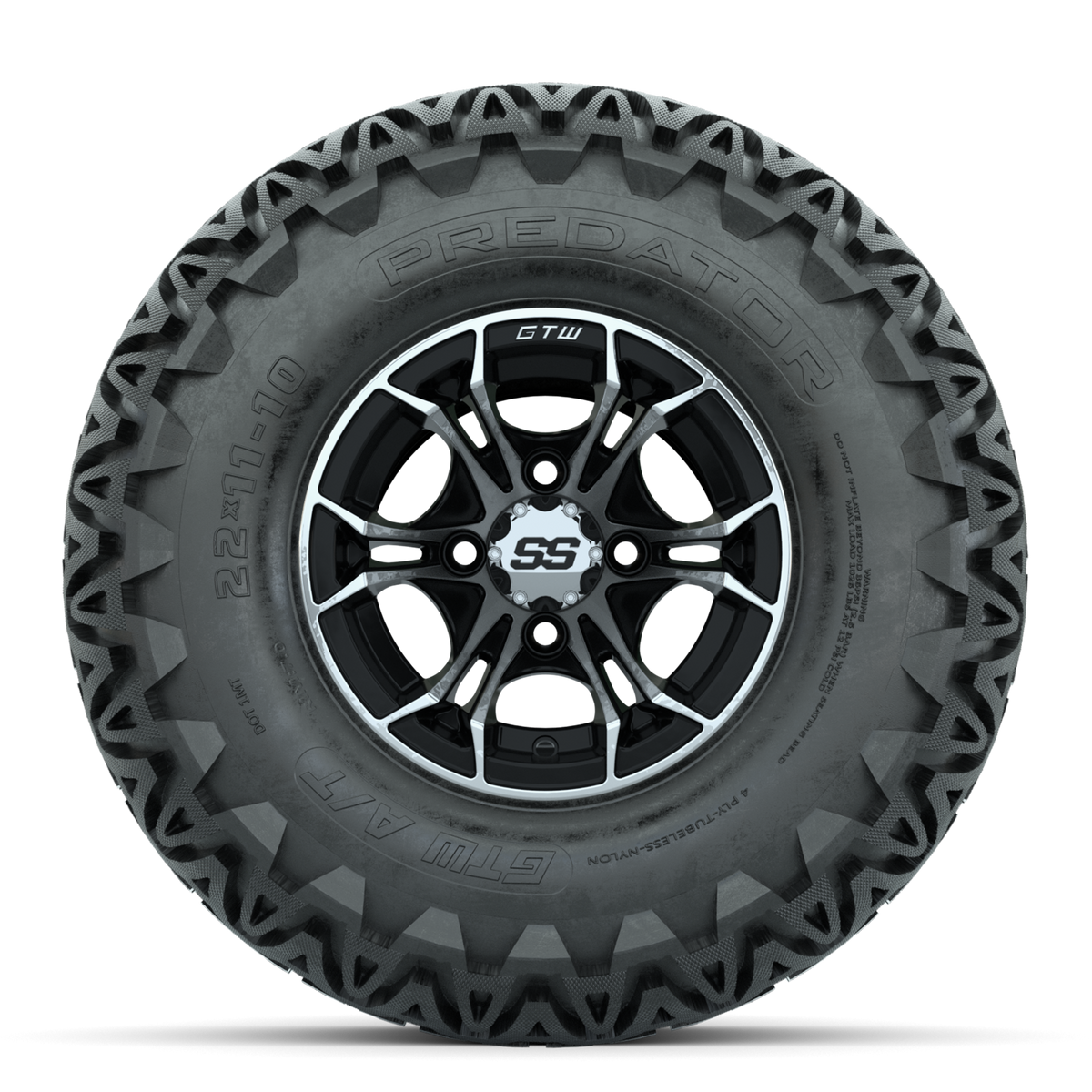GTW Spyder Machined/Black 10 in Wheels with 22x11-10 Predator All Terrain Tires Full Set