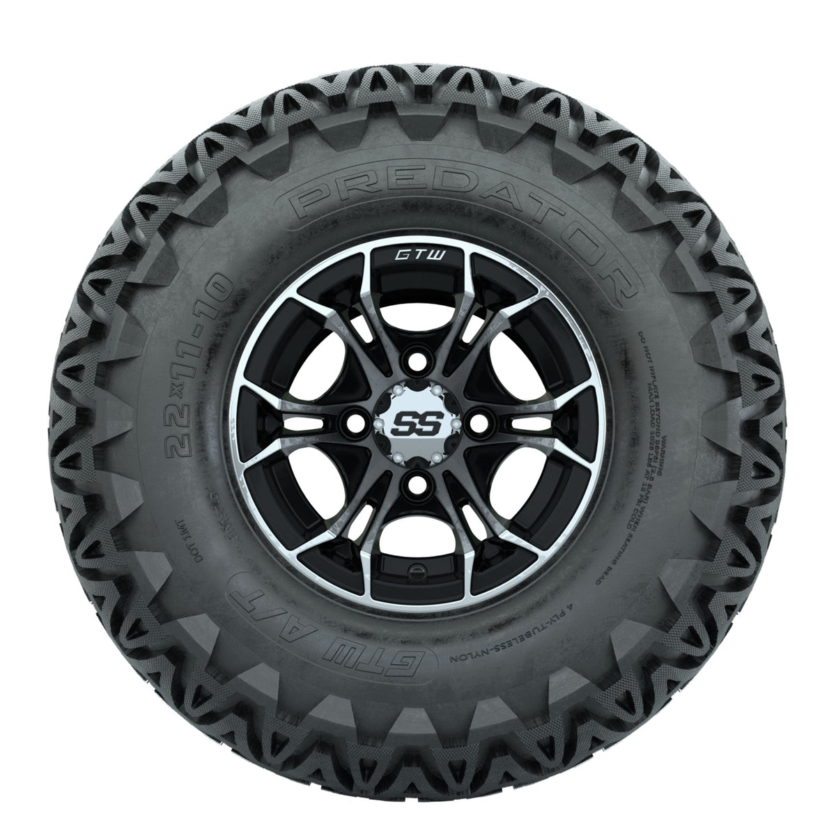 GTW Spyder Machined/Black 10 in Wheels with 22x11-10 Predator All Terrain Tires Full Set