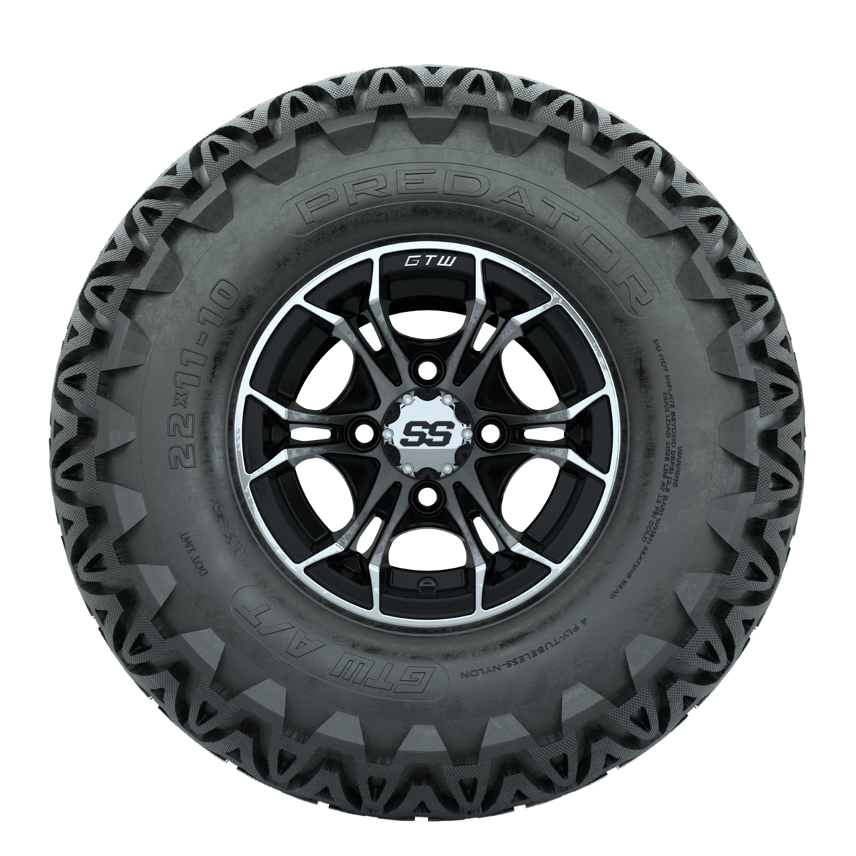 GTW Spyder Machined/Black 10 in Wheels with 22x11-10 Predator All Terrain Tires Full Set
