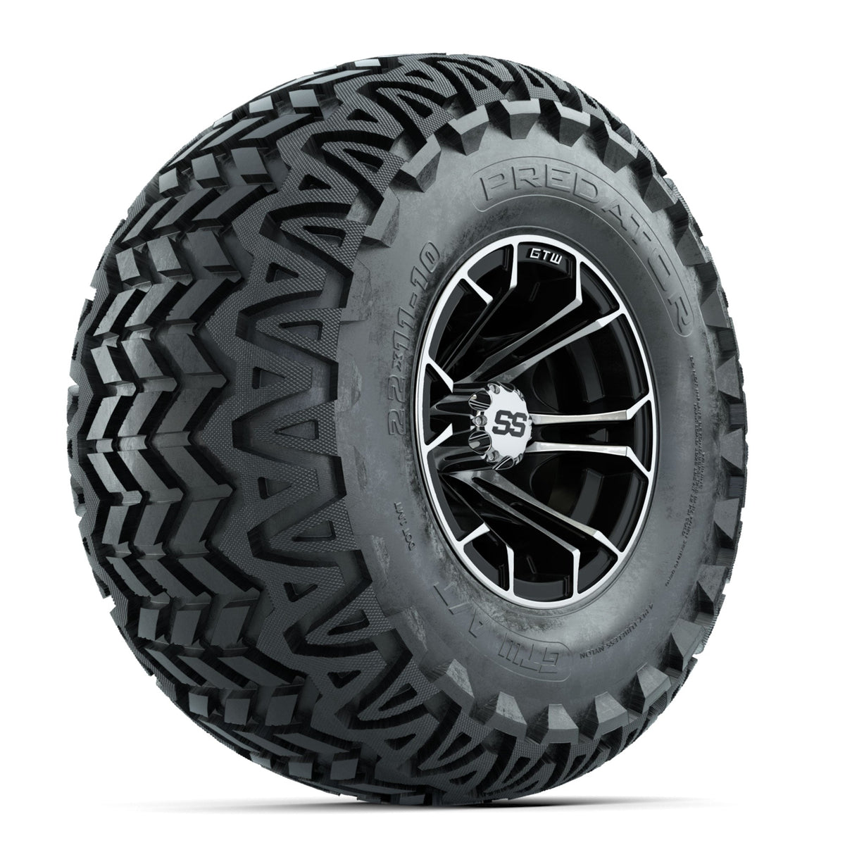 GTW Spyder Machined/Black 10 in Wheels with 22x11-10 Predator All Terrain Tires Full Set