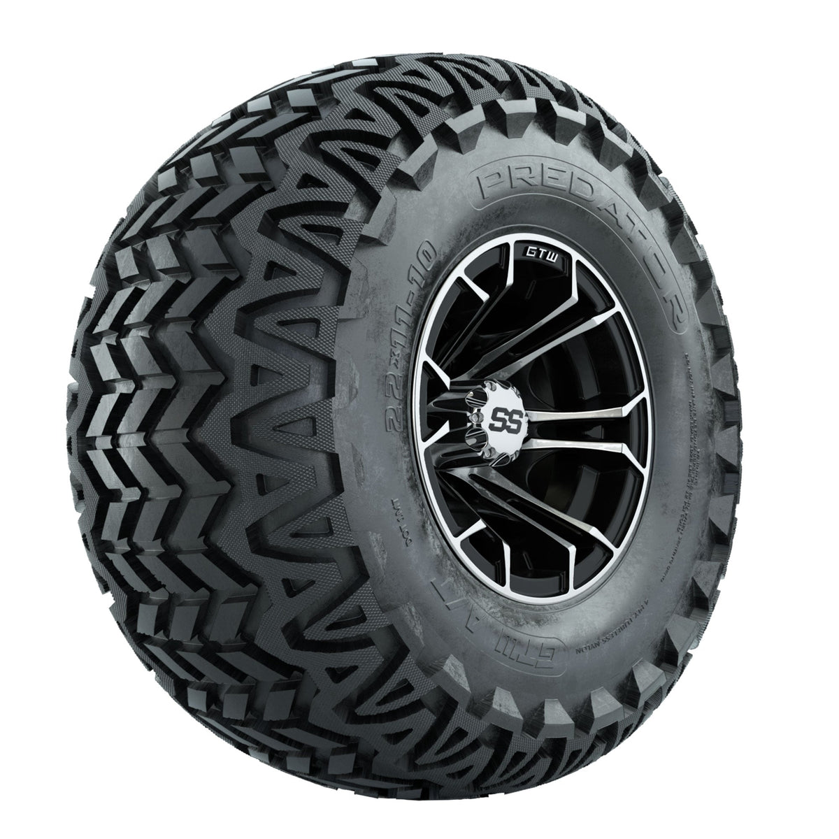 GTW Spyder Machined/Black 10 in Wheels with 22x11-10 Predator All Terrain Tires Full Set