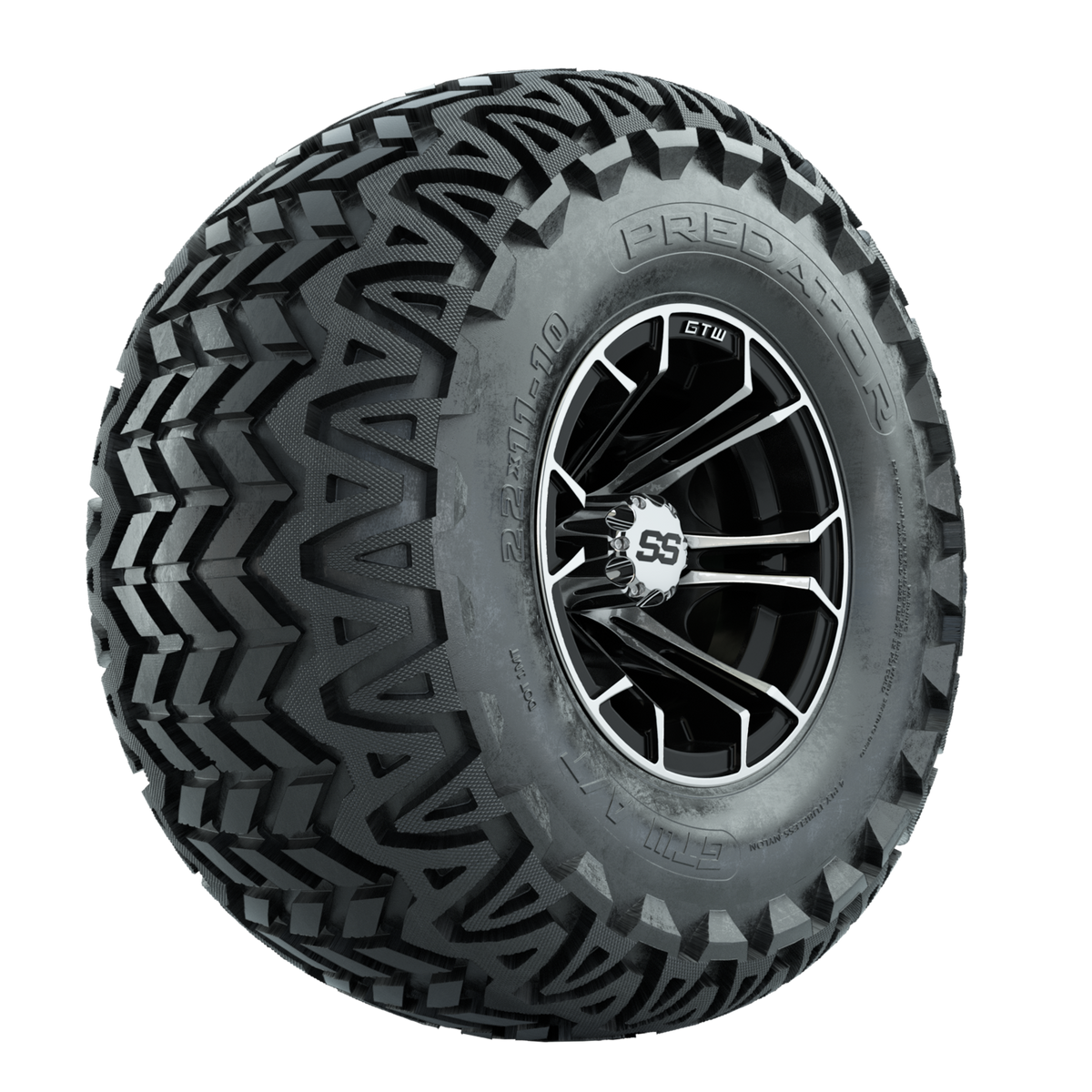 GTW Spyder Machined/Black 10 in Wheels with 22x11-10 Predator All Terrain Tires Full Set