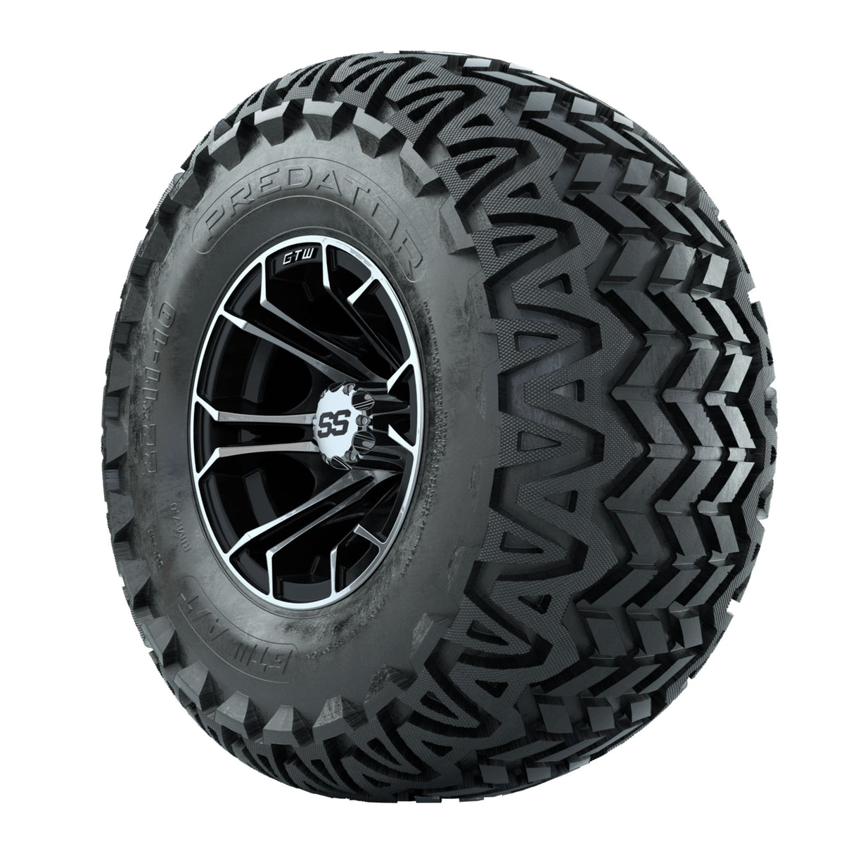 GTW Spyder Machined/Black 10 in Wheels with 22x11-10 Predator All Terrain Tires Full Set