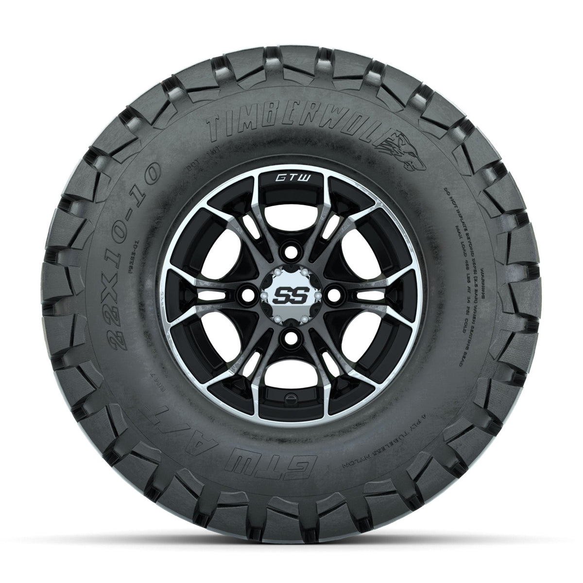 GTW Spyder Machined/Black 10 in Wheels with 22x10-10 Timberwolf All Terrain Tires Full Set