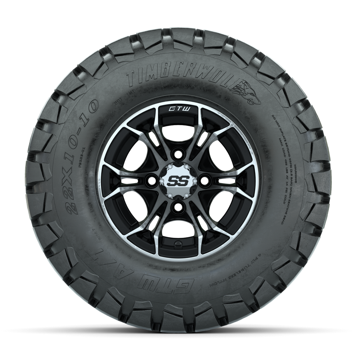 GTW Spyder Machined/Black 10 in Wheels with 22x10-10 Timberwolf All Terrain Tires Full Set