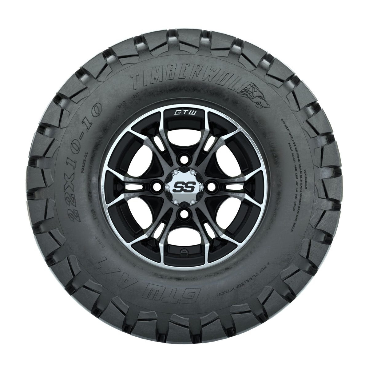 GTW Spyder Machined/Black 10 in Wheels with 22x10-10 Timberwolf All Terrain Tires Full Set
