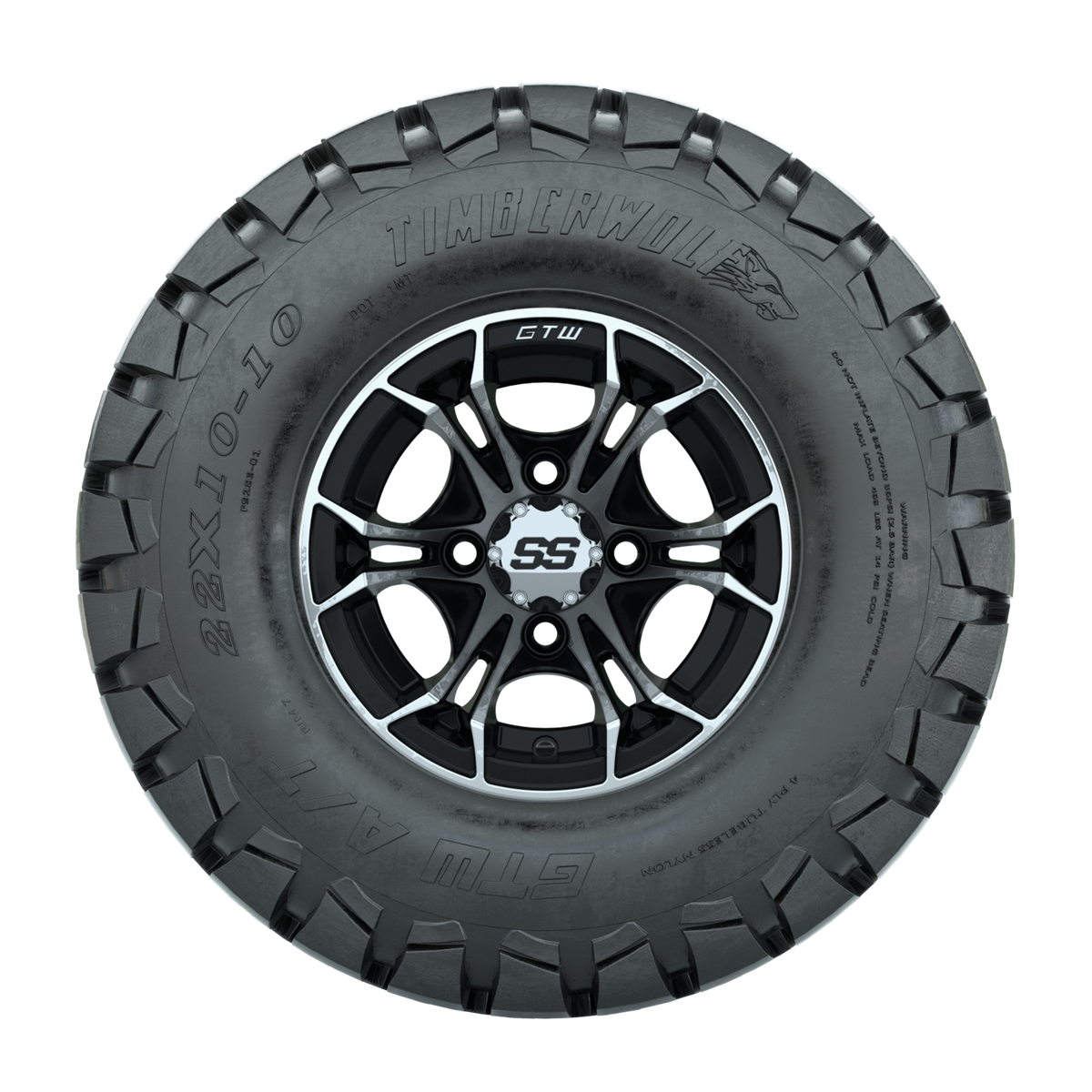 GTW Spyder Machined/Black 10 in Wheels with 22x10-10 Timberwolf All Terrain Tires Full Set