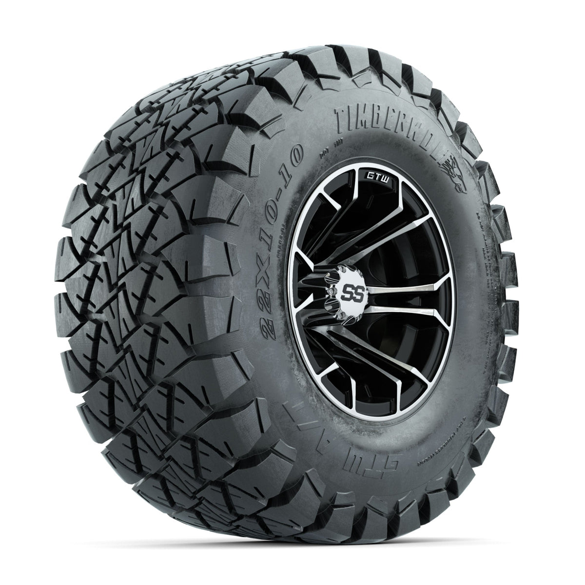 GTW Spyder Machined/Black 10 in Wheels with 22x10-10 Timberwolf All Terrain Tires Full Set