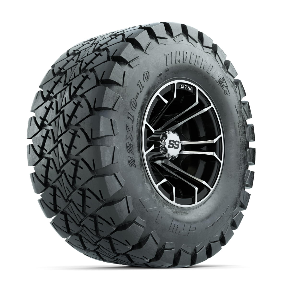 GTW Spyder Machined/Black 10 in Wheels with 22x10-10 Timberwolf All Terrain Tires Full Set