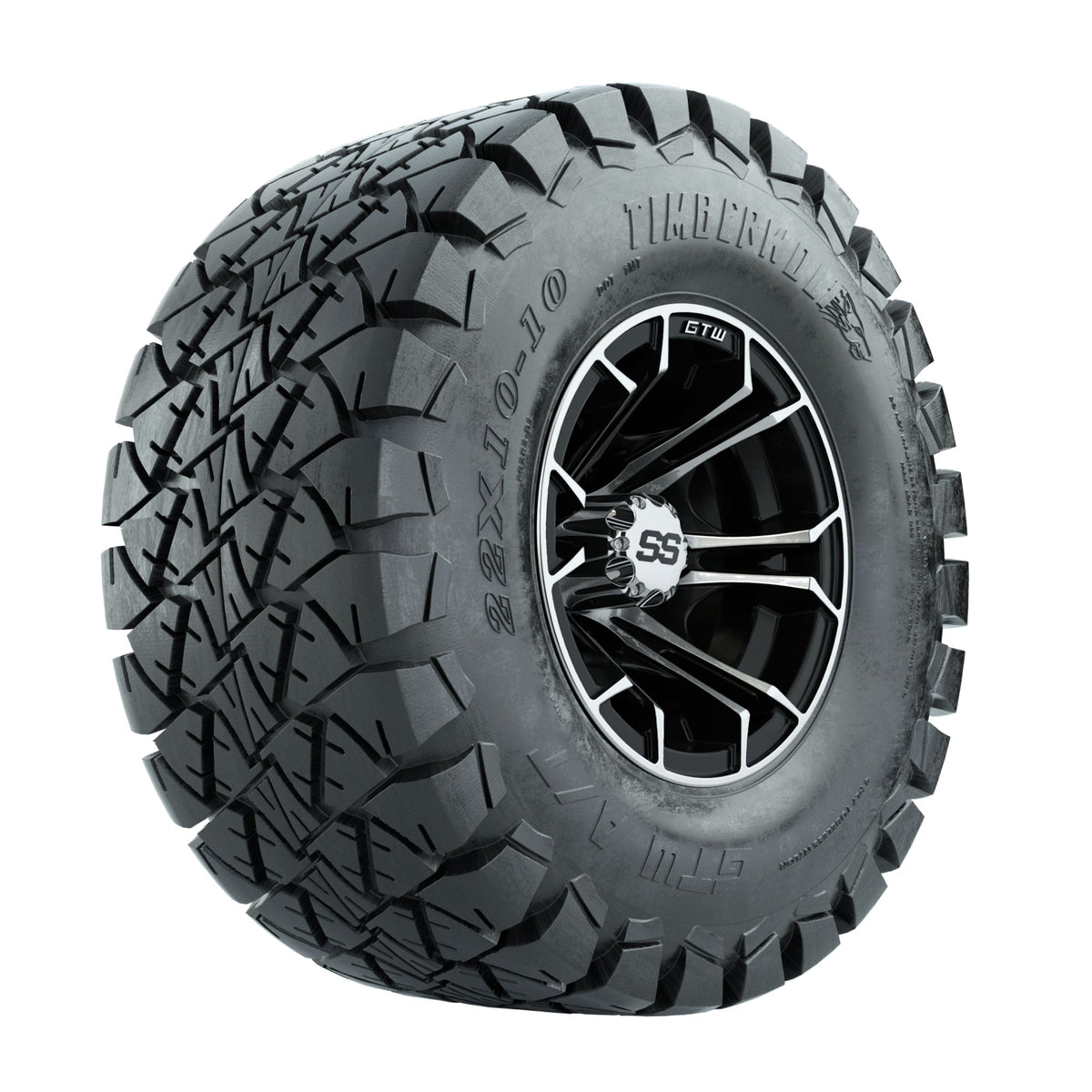 GTW Spyder Machined/Black 10 in Wheels with 22x10-10 Timberwolf All Terrain Tires Full Set