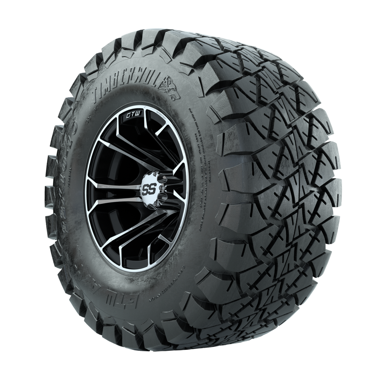 GTW Spyder Machined/Black 10 in Wheels with 22x10-10 Timberwolf All Terrain Tires Full Set