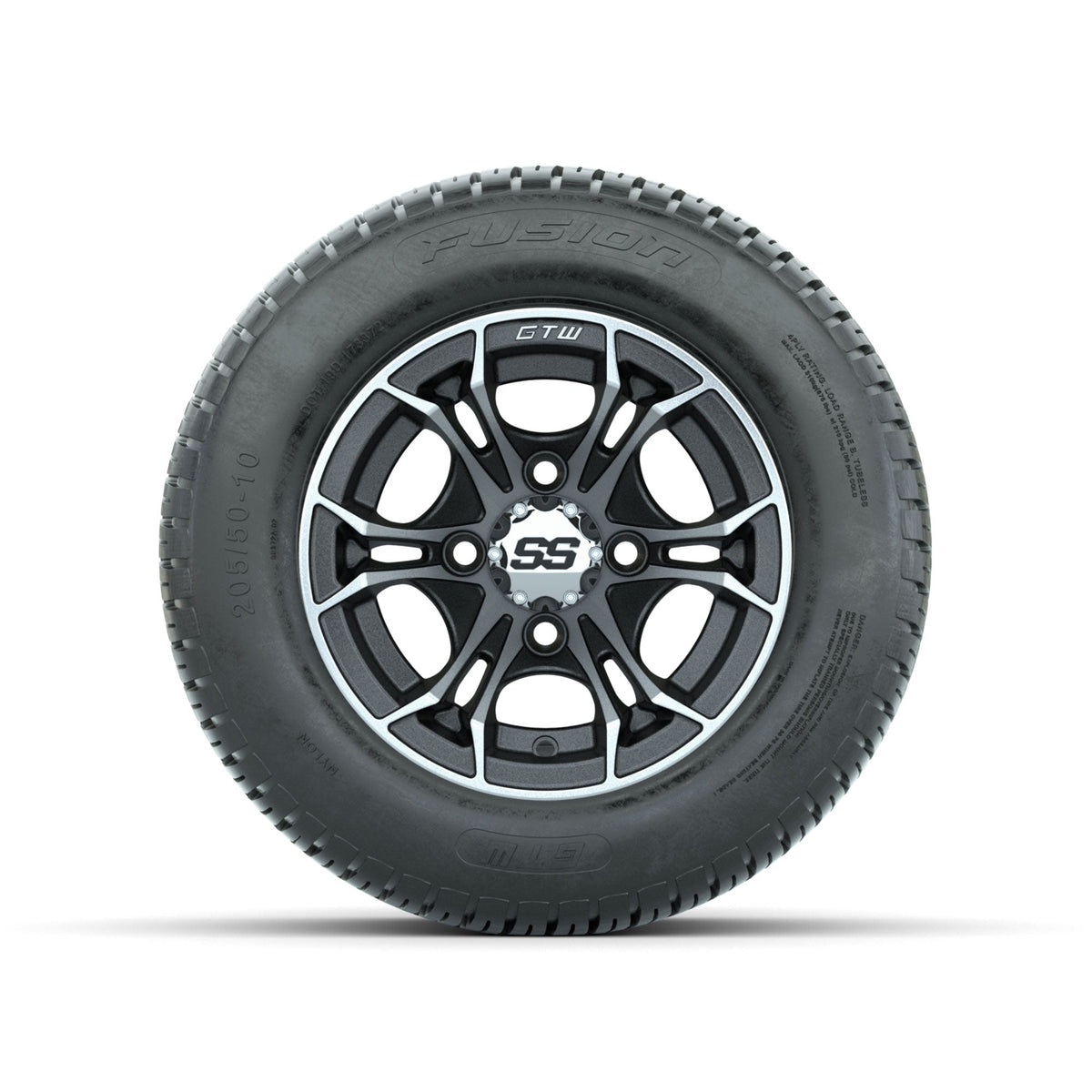 GTW Spyder Machined/Matte Grey 10 in Wheels with 205/50-10 Fusion Street Tires Full Set