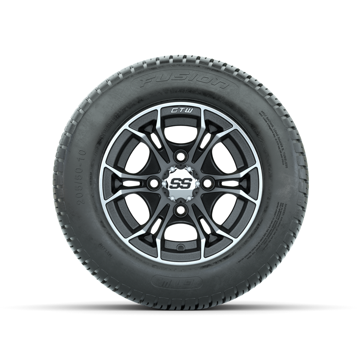 GTW Spyder Machined/Matte Grey 10 in Wheels with 205/50-10 Fusion Street Tires Full Set