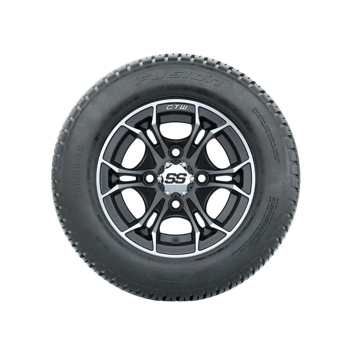 GTW Spyder Machined/Matte Grey 10 in Wheels with 205/50-10 Fusion Street Tires Full Set