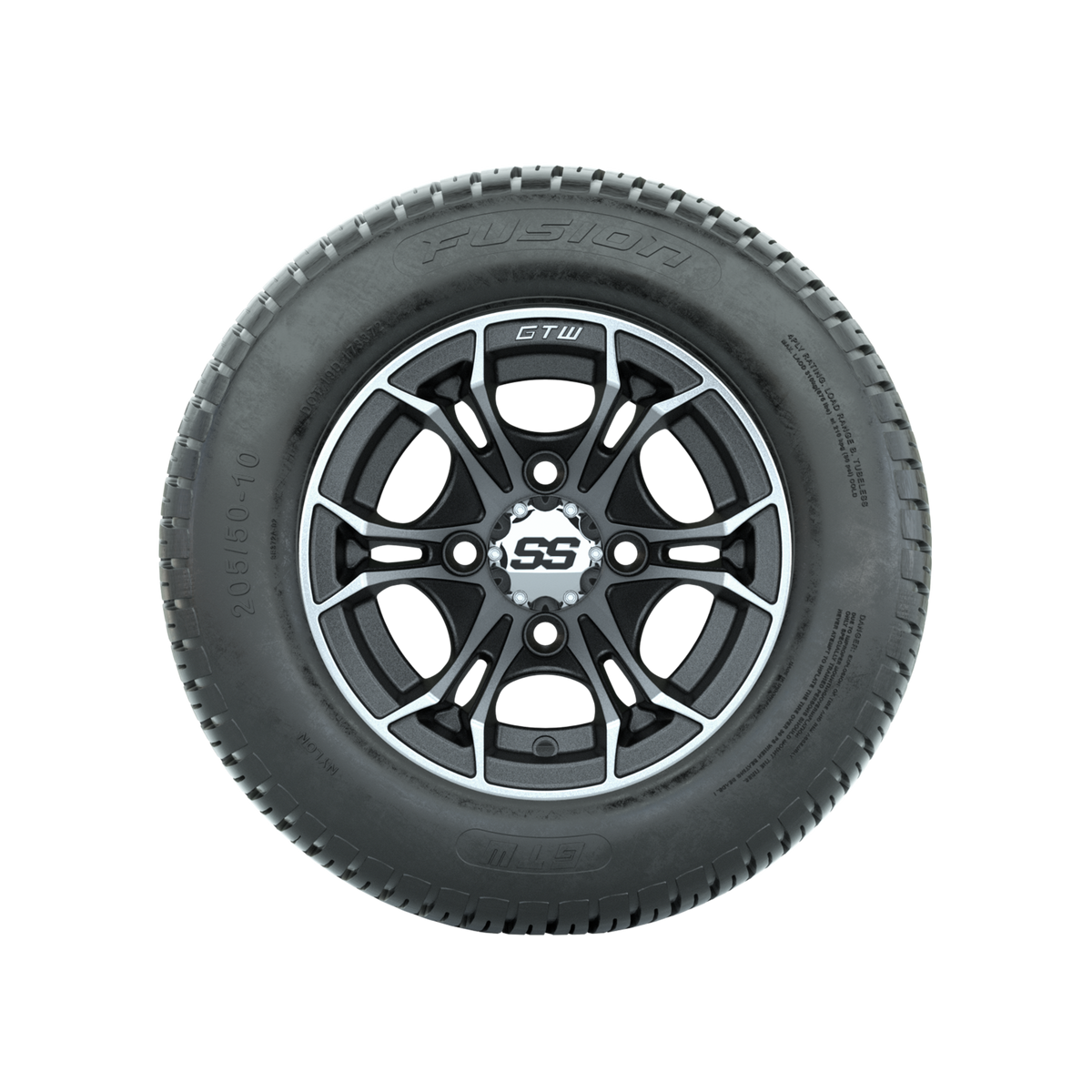 GTW Spyder Machined/Matte Grey 10 in Wheels with 205/50-10 Fusion Street Tires Full Set