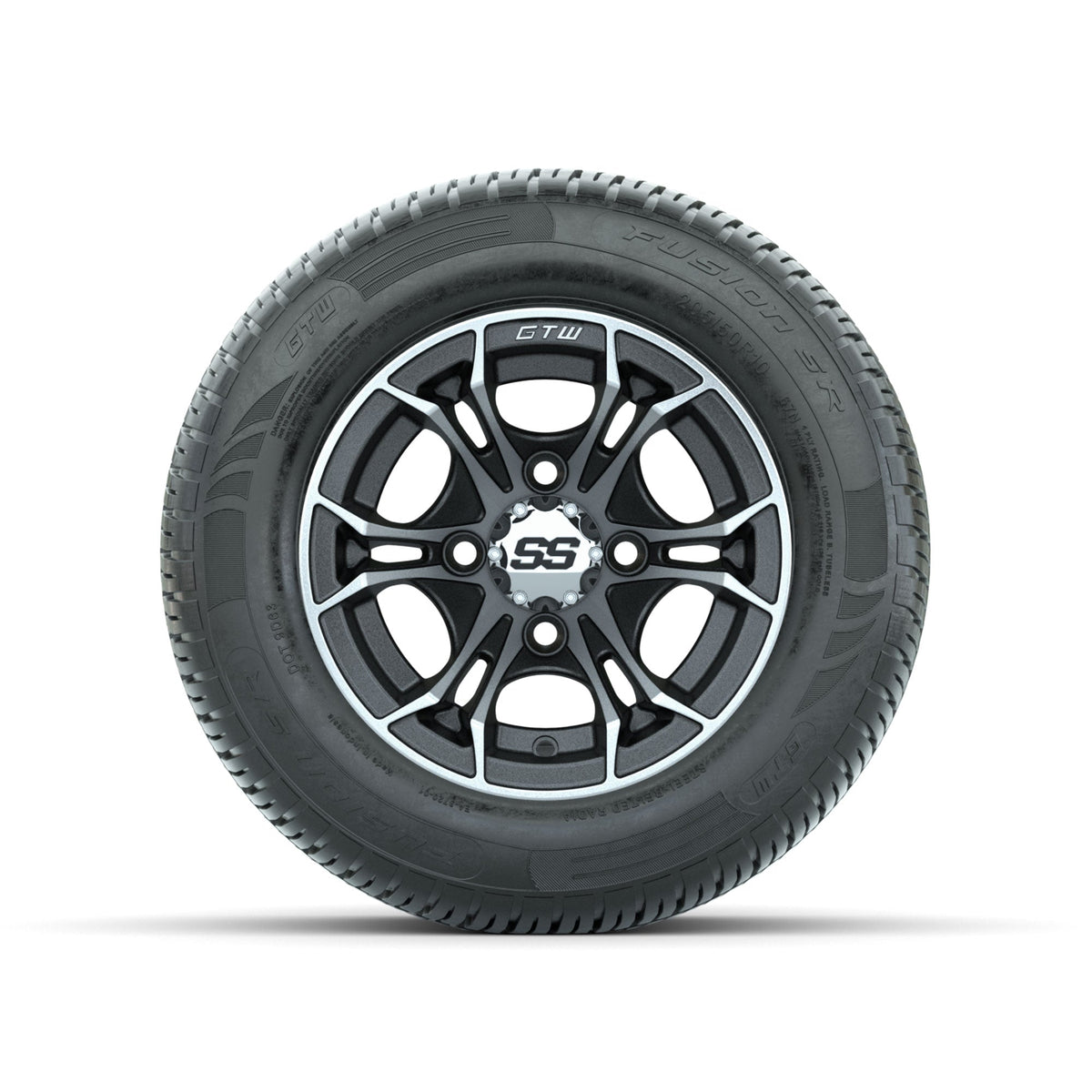 GTW Spyder Machined/Matte Grey 10 in Wheels with 205/50-10 Fusion SR Steel Belted Radial Tires Full Set