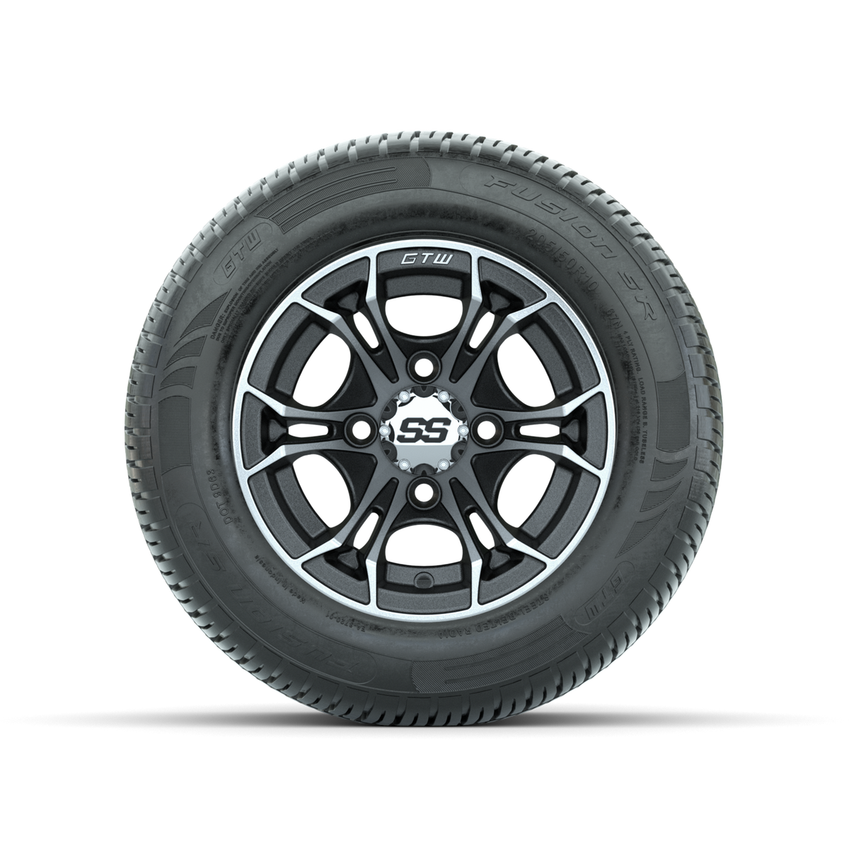 GTW Spyder Machined/Matte Grey 10 in Wheels with 205/50-10 Fusion SR Steel Belted Radial Tires Full Set