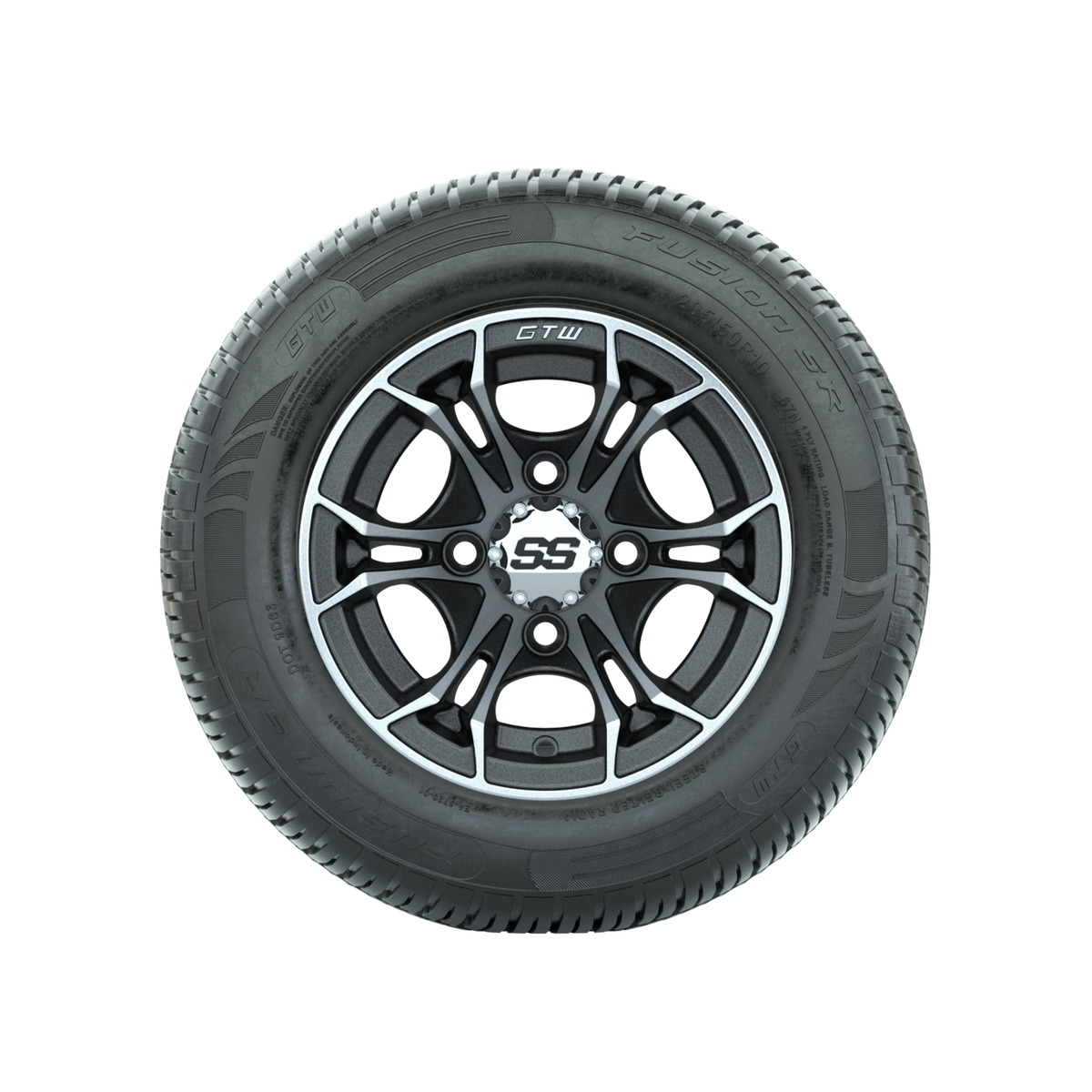 GTW Spyder Machined/Matte Grey 10 in Wheels with 205/50-10 Fusion SR Steel Belted Radial Tires Full Set