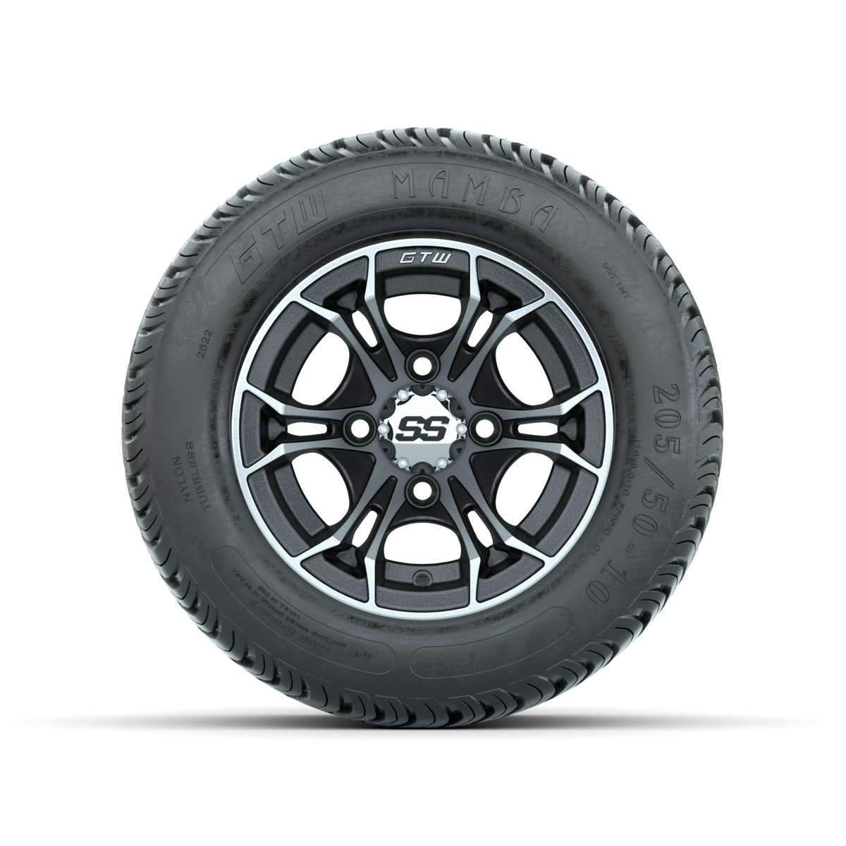 GTW Spyder Machined/Matte Grey 10 in Wheels with 205/50-10 Mamba Street Tires Full Set