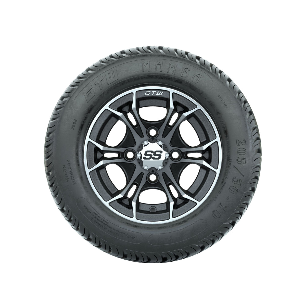 GTW Spyder Machined/Matte Grey 10 in Wheels with 205/50-10 Mamba Street Tires Full Set